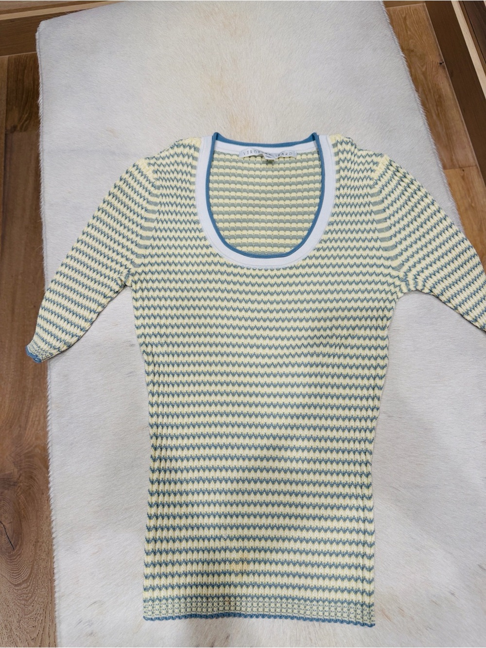 Veronica Beard Pale Yellow and Light Blue Striped Scoop Neck Sweater